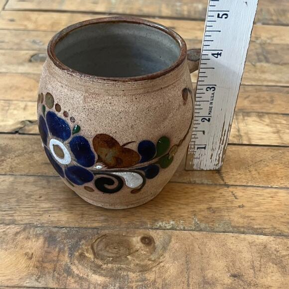 Vintage Mexican Folk Art Pottery Tonala Sand Mug Floral Design Signed - Picture 7 of 12